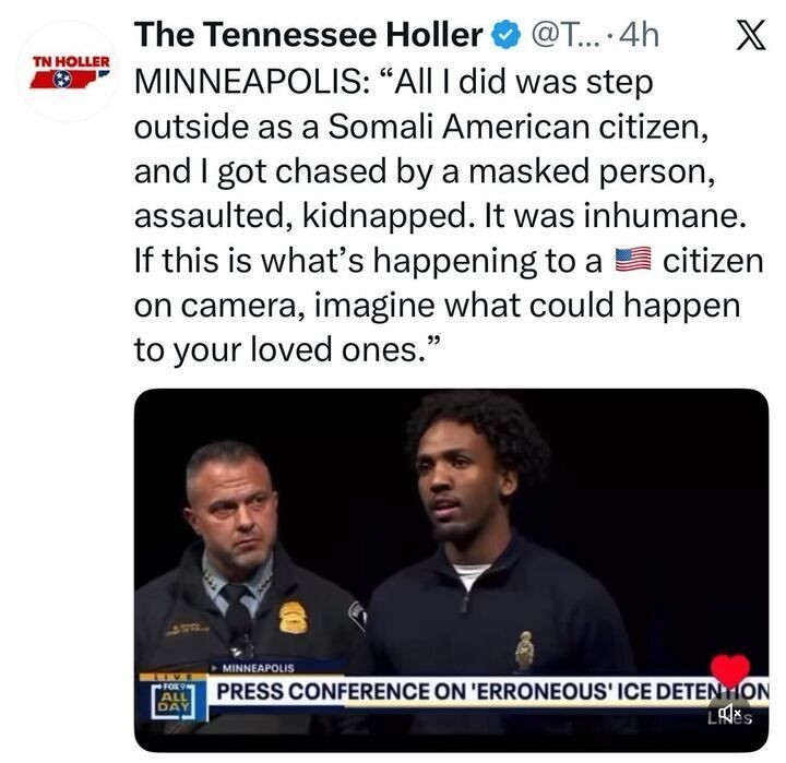 Press conference clip showing a young Somali American man describing being assaulted and detained by someone in a mask; an ICE official stands beside him. The tweet notes he was chased, assaulted, and kidnapped despite being a U.S. citizen, raising concerns about ICE behavior.