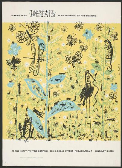 This image features an illustrated poster with various stylized representations of insects and animals on a yellow background. The creatures include butterflies, dragonflies, frogs, birds, and other small fauna, all rendered in black ink or dark blue washes against the bright backdrop. The text "ATTENTION TO DETAIL IS AN ESSENTIAL OF FINE PRINTING" is prominently displayed at the top of the poster, emphasizing its educational nature about fine printing techniques.

The lower part of the image lists details such as "At THE KRAFT PRINTING COMPANY 335 S BROAD STREET PHILADELPHIA 7 KINGSLLEY 5-308," indicating locations associated with this work. The overall design is playful yet informative, combining a vivid color palette and whimsical illustrations to convey the importance of precision in printing processes.