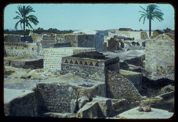 The image depicts an ancient archaeological site with remnants of stone structures, possibly walls and buildings. The ruins appear weathered and show signs of significant erosion or decay over time. There are palm trees scattered throughout the scene, indicating a warm climate environment. Some parts of the stones have geometric patterns etched into them, suggesting historical significance in architecture. In the foreground, there is pottery placed on what looks like ground with debris around it. The overall setting gives an impression of archeological excavation or exploration within a desert-like landscape under clear skies.