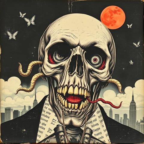 Image with seed 1064447965 generated via Stable Diffusion through @stablehorde@sigmoid.social. Prompt: Capitalism is a death cult! Collage, mixed media, dark, menacing, crazy, weird, monstrous, surrealism, dada, elektrodada, degenerative art, anti-art