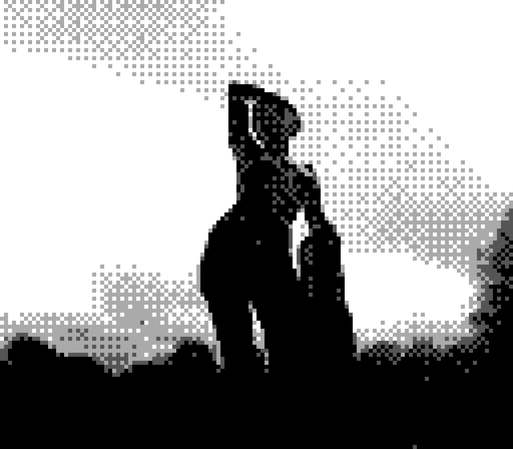 a photo taken with a Gameboy Camera shows the black and white silhouette of a statue of a woman with one arm stretched above her head, her hand resting on her head.