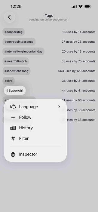 screenshot of trending tags with the context menu for #supergirl including a History option
