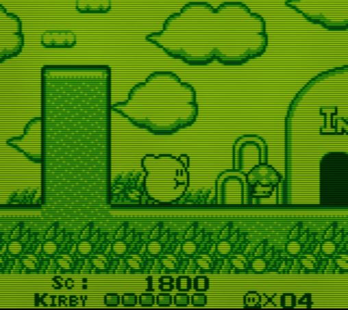 Kirby Dream Land, niveau 1
Graphismes très proches de la Game Boy originelle : écran monochrome aux teintes vertes, lignes d'écran type CRT, aspect légèrement pixellisé