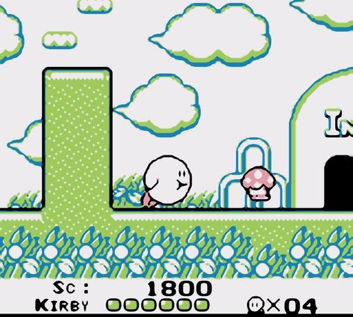 Kirby Dream Land, niveau 1
Graphismes améliorés : écran colorisé, pixels reliés et lissés par un filtre "post-process HD".
Les plateformes sont vert-bleu, les personnages rose.