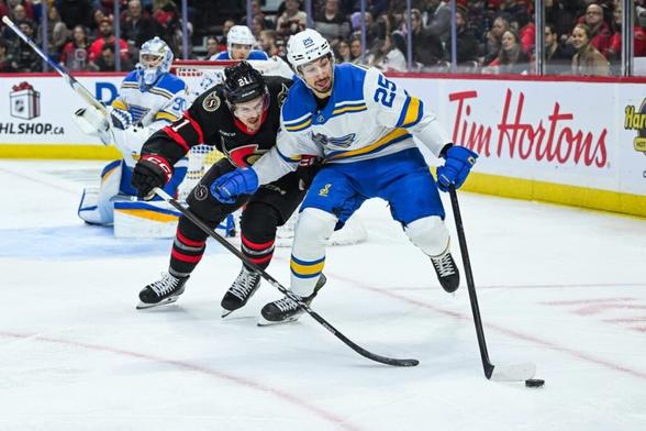Blues’ Jordan Kyrou leaves game against Senators
