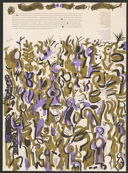 A chaotic, abstract composition of interlocking and overlapping forms in shades of purple, brown, black, white, yellow, orange, and green. The shapes are reminiscent of human figures or organic structures such as branches or roots but do not form distinct recognizable entities. There's a dense arrangement with little negative space that conveys a sense of movement and complexity within the work. A section at the top contains text in multiple languages; it seems to be an informational label, possibly about an exhibition or event related to this piece. The bottom right corner has additional hand-written notes providing specifics on dimensions, condition, media used ("oil"), artist signature, date created (1962), and collection information from "The Print Club," with reference number 5034.