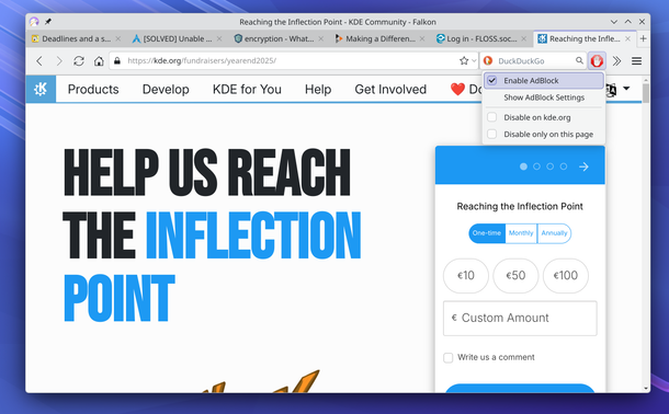 Контекстное меню блокировщика рекламы на панели задач браузера Falkon