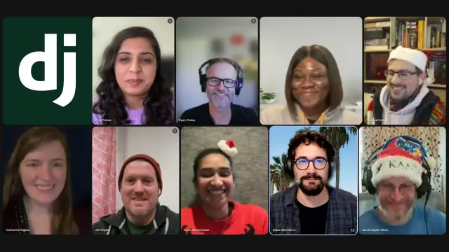 Group video call screenshot of the Django Software Foundation board at the end of a meeting. Multiple participants are visible in a grid, smiling and waving, celebrating a shared moment with outgoing, current, and newly elected board members.