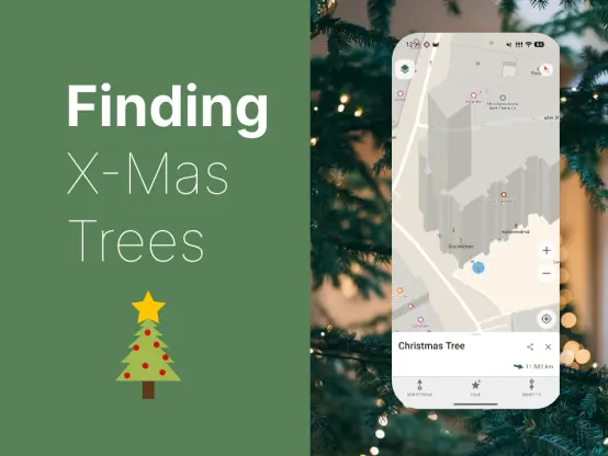 A sharepic that has a screenshot of CoMaps, showing a christmas tree in front of a church. Left of that a text reads "Finding X-Mas Trees" with a larger version of the tree icon