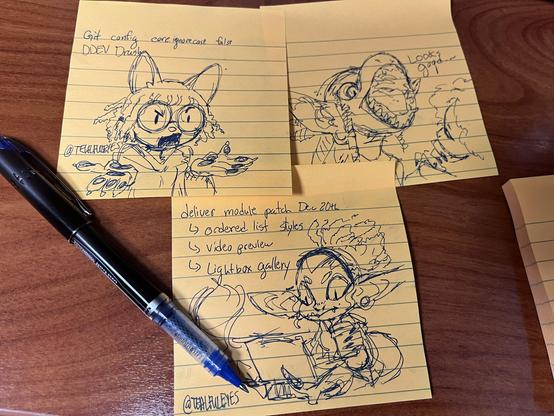 Several doodles on lined stickynote paper accompanied by work notes. top left is Debby an anthropomorphic cat angrily confused bu a situation. Top right is a water Imp opening their mouth to another imp for examination with text of "looks good". Bottom moddle is an Imp working on their laptop while holding a cup of tea.