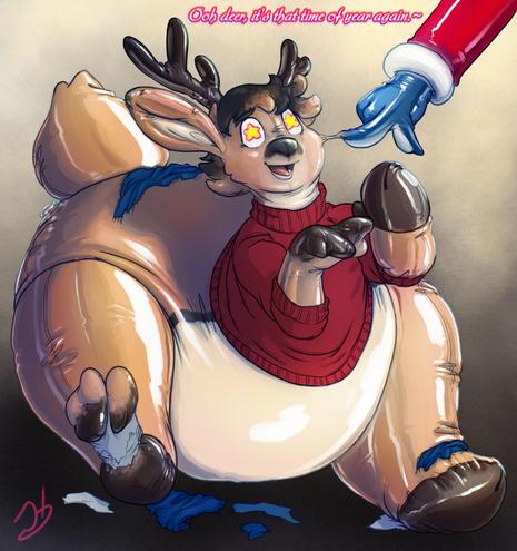Stormy in Santa outfit, just out of frame but for his arm and hand, pointing and latex gooping a human who he is transforming into a big rounded inflatable pool toy deer to decorate his place with.~ The soon to be former human has star struck eyes as his thoughts  become just air and holiday cheers.~ His limbs and body busting and breaking all his former clothing, only the sweater being baggy enough to still hold on for now. A happy rubber XXX-mas~