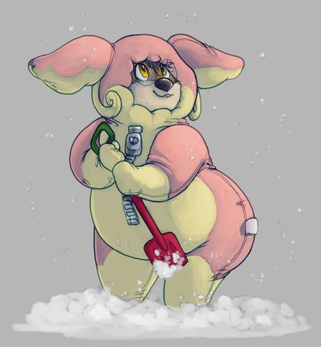 Mao the otter wearing his plush suit based on Audino, looking up at the snow flakes falling down while he holds a shovel meant to shovel away the snow. His suit has a very obvious big front zipper ~