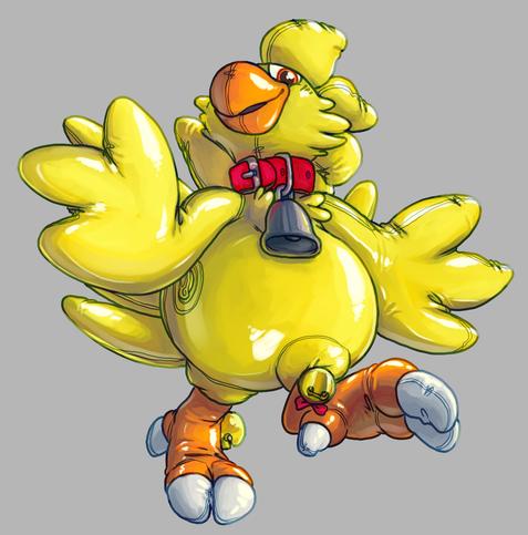 Living inflatable Chocobo in the Christmas mood ~ Wearing a collar with attached bell and two cat bells around the tops of his legs. Being all glossy and shiny. Lots of creases, folds and wrinkles.