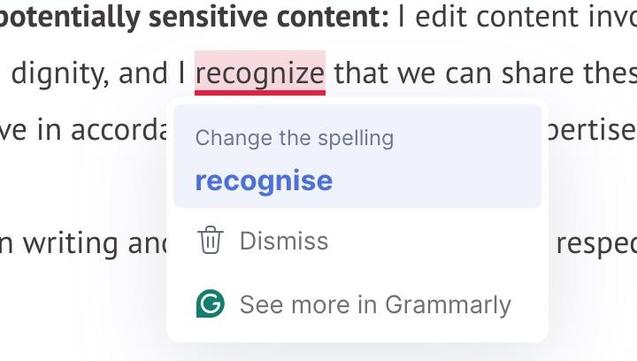 Partial screenshot of a website page being edited in WordPress. Grammarly has marked "recognize," spelled with a "z," in red. A pop-up window suggests I change the spelling to "recognise" with an "s."