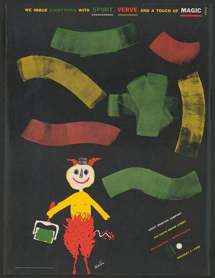 The image is a colorful, abstract poster featuring various shapes and figures. It has a dark background with different shades of green, yellow, red, and orange overlapping each other in curved or jagged patterns. In the center stands an anthropomorphic figure with a smiling face composed of what appears to be pieces from broken objects such as buttons for eyes and possibly nails or teeth. The character wears a vibrant yellow shirt, red pants resembling flames, and has horns on its head. Its hands are holding green paintbrushes dipped in color; one brush is red, the other green.

There's text at the top of the poster that reads "WE IMBUE EVERYTHING WITH SPIRIT," followed by smaller phrases like "VERVE" and a touch of MAGIC." The typography varies in size and style. In the bottom right corner are printed details indicating it was designed for Kraft Printing Company, located on South Broad Street in Philadelphia.

The overall aesthetic is playful and whimsical, with an emphasis on vivid colors and non-representational forms that suggest movement or energy through their dynamic arrangement.