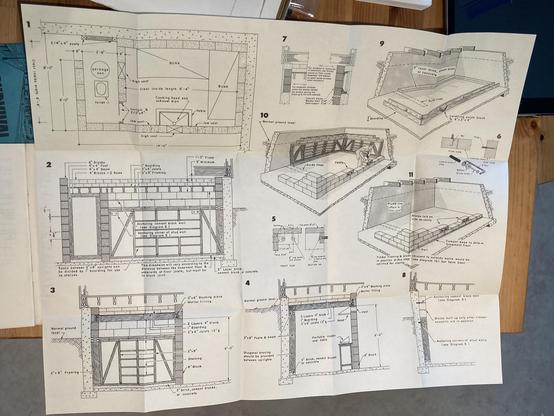 A multi-panel blueprint showing various aspects of a basement fallout shelter. It shows a person building the walls out of cinder blocks with vents, presumably for outside air exchange.