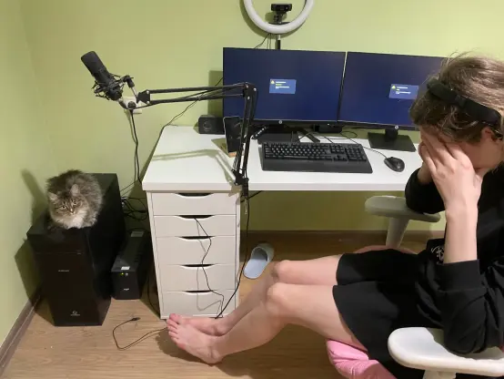 Luna is sitting in front of her computer, which has 2 monitors with "no input signal" message on both of them, with a "too tired of this" head-in-hands expression. Nova (a very floofy tabby cat) is blissfully loafing on the computer, with the power button somewhere under her, looking at camera, clearly innocent. For some reason the computer just shut down, how could this happen?