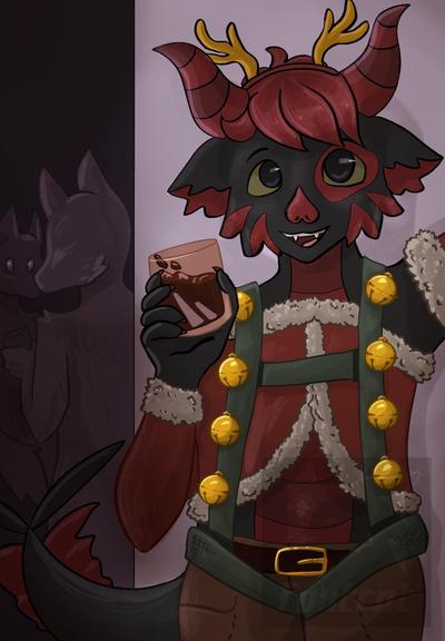 A anthropomorphic dragon character with black fur and red accents wears a festive outfit adorned with bells. They hold a drink and have a playful expression. A blurred silhouette of other characters is visible in the background.