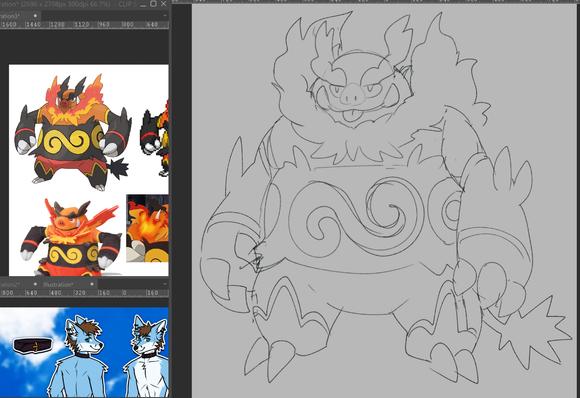 a rough sketch of emboar sticking their tongue out