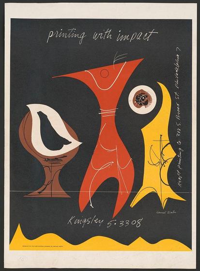 The image depicts a striking poster with abstract and modernist design elements. It features three stylized figures or forms in bold, contrasting colors: red, orange, yellow, brown, black, and white. The background is predominantly dark grey to almost black.

At the top of the composition, there's text that reads "printing with impact" in a flowing script font, suggesting an emphasis on visual influence through print media. Below this title, additional handwritten-like typography provides further context or possibly attribution: "Ken Smedley 5-304," which could be a reference to either the artist Ken Smedley and his work number.

The central figure is a humanoid form with elongated limbs in red and orange hues, evoking an abstract human profile. To its left, there's another shape resembling a bird or perhaps an eye, rendered in shades of brown and white against the dark background. On the right side stands a tall, slender yellow shape that could be interpreted as either a stylized plant or figure with outstretched arms.

The bottom part of the poster includes more text providing specific details about its origin: "Ken Smedley 5-304," which is likely to signify some formative context. The inclusion of an address on Broad St., Philadelphia, indicates that this piece may have been created or associated with a location in Pennsylvania.

A signature at the bottom right corner  [...]