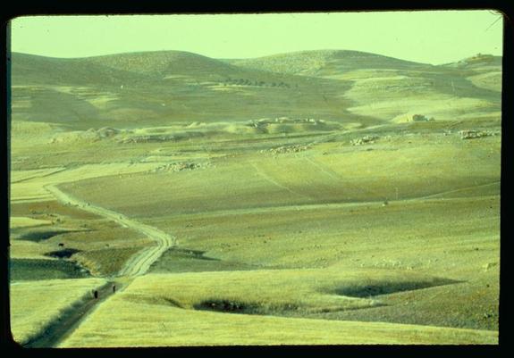 The image depicts a vast, arid landscape with rolling hills and wide-open plains. The terrain appears dry and sparsely vegetated, suggesting an environment that is likely to be subject to limited rainfall or drought conditions.

A winding dirt road cuts through the center of the photograph from left to right, which indicates human activity in this otherwise desolate area. Alongside the road are what appear to be small settlements with structures clustered together, possibly indicating rural communities living on these lands for agricultural purposes.

The overall color palette consists of muted earth tones such as yellow, brown, and greenish-yellow hues that dominate due to sunlight's effect on the landscape. The photograph has a vintage look, likely from an early 20th-century archive or documentary collection capturing scenes in various regions across Israel during significant historical periods.

This particular image is part of Jaffa to Jerusalem: Beth Shemesh from Beit Jamal between 1950 and 1977 by the Matson Photo Service. The photograph's dimensions are listed as a slide measuring approximately two inches on each side, indicating its compact size typical for vintage photo archives.

The source attribution is linked through an image URL that directs to a larger collection of similar photographs from Eric & Edith Matson, showcasing their extensive coverage in capturi [...]