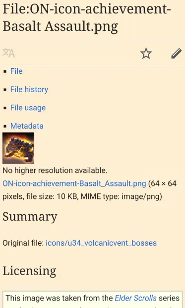A mobile screenshot of the UESP wiki showing the achievement icon for Basalt Assault, and it features an ARK magmasaur.