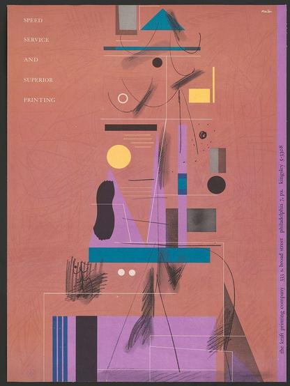 The image is a poster with various geometric shapes and lines in shades of purple, blue, black, yellow, orange, red, and white on a pink background. The shapes include triangles, squares, circles, rectangles, and abstract forms that overlap each other at different angles and orientations. Some shapes are solid colors while others have outlined edges or fill patterns.

The text "Speed Service And Superior Printing" is prominently displayed in large black letters along the top edge of the poster. Below this headline, there's a smaller caption that reads "Marion." followed by what appears to be an identification number: "Kingsley 5-3308."

In the bottom right corner of the image, white text on a black background states additional information including addresses and contact details related to The Kraft Printing Company. It mentions locations in Philadelphia, Pennsylvania; Kingsley Street, Broad Street, and includes a phone number.

The overall design suggests that this poster may be promoting printing services with an emphasis on speed, quality, and service excellence.