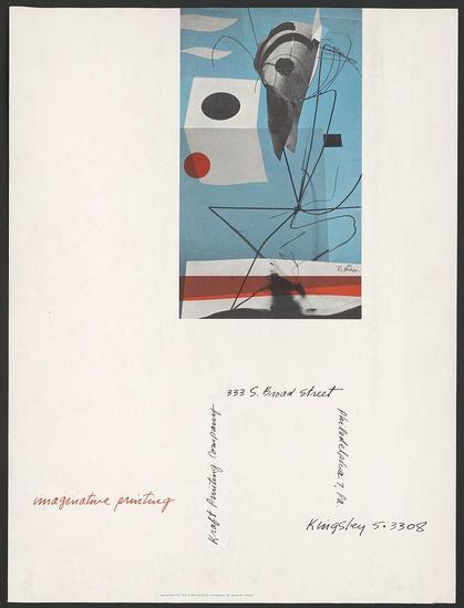 The image depicts a mixed media artwork that features an abstract figure set against a vibrant blue background. The central element of the composition is a silhouette-like shape with various geometric shapes and lines intersecting it, creating dynamic visual interest.

In the foreground, there's handwritten text providing context to the piece. It includes addresses such as "327 S. Broad street," suggesting locations associated with exhibitions or related events. Other texts include phrases like "imaginative painting" in red cursive script and a date stamped at the bottom right corner: "Kingsley 5-308 Kingsley, May." These annotations indicate that the artwork might be part of an exhibition catalog or promotional material.

The overall composition is visually striking with its use of color contrasts and abstract forms. The image serves as both artistic expression and informational content within a visual context.