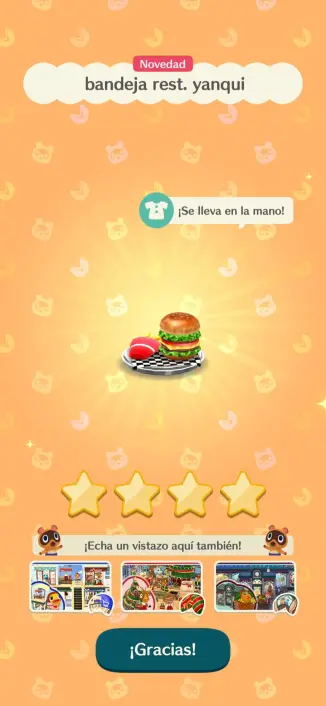 Una bandeja con comida rápida, del juego Animal Crossing Pocket Camp, que se titula "bandeja rest. yanqui".