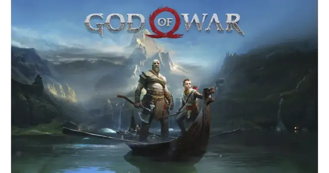 Un guerriore armato d'ascia in piedi sopra una piccola barca. Al suo fianco un ragazzino si appoggia con una mano sulla prua della barca, l'altra mano tiene un arco. Stanno navigando su un fiume tra le montagne che formano lo sfondo. In alto la scritta "God of War".