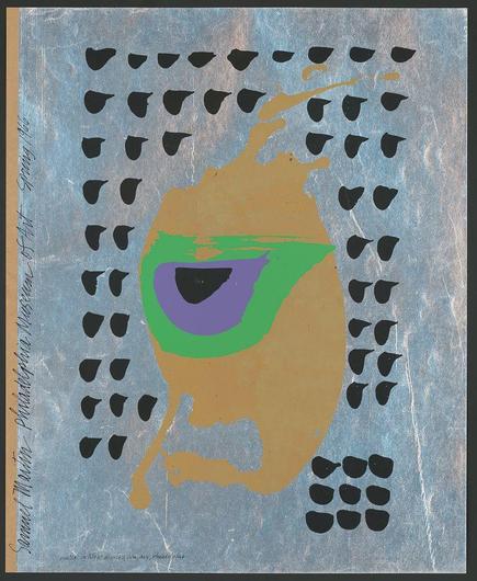 This image features a striking abstract portrait created with bold colors and geometric shapes. Dominating the center is a stylized face composed of various shades, including golden yellow for the skin tone, purple around one eye suggesting glasses or sunglasses, green below this area possibly representing lips or foliage, and blue towards the chin hinting at a garment or shadow.
Surrounding the central figure are numerous small black shapes that resemble leaves or feathers. These elements create a sense of depth and texture against a textured light-blue background with visible brushstrokes or scratches adding to its tactile quality. There is text on both sides, likely providing context or attribution related to this artwork's creator, exhibition details, or the museum where it was displayed.
The overall effect is one of playful surrealism, blending human features with abstract elements in a way that invites interpretation and evokes curiosity about the artist’s intentions behind such an unconventional depiction.