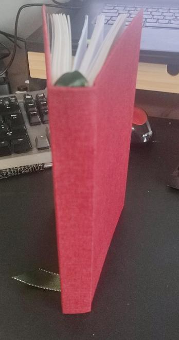 Planner, with red bookcloth cover. Seen from the spine. The bookmark on top is green. Thickness of spine is ~2.5cm
