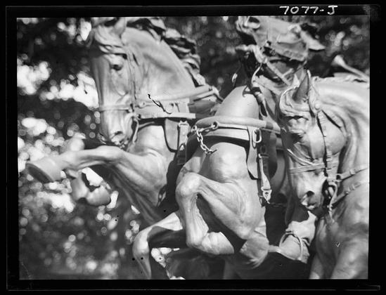 The image shows a black and white photograph of two horses, possibly part of an equestrian statue or sculpture. The photo captures the intricate details of their musculature, harnesses, and bridles, which suggest movement as they appear to be in mid-gallop with one hoof lifted off the ground. There is no discernible background due to a blurred backdrop that likely represents trees. Notable features include the visible text "7077-J" at the top right corner of the image, possibly indicating an identification or catalog number for archival purposes. The photograph seems historical and could be part of a collection documenting equestrian statues in Washington D.C., as mentioned in its caption.