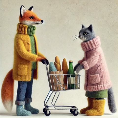 KI-Bild (DALL•E3):

Fritzefuchs links und das Katz rechts. Dazwischen ein schon halb gefüllter Einkaufswagen. Aus Ki-Wolle gefilzt.