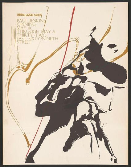 The image is a poster for an exhibition at the Martha Jackson Gallery featuring Paul Jenkins' artwork. It displays bold, sweeping lines and abstract forms in black, gold, red, and white on a beige background. The text announces "Paul Jenkins Opening May 10 Through May 31 Thirti-Two East Sixty-Ninth Street." There is an impressionistic figure that appears to be in motion or dancing, with flowing shapes suggesting movement around it. A prominent red line cuts diagonally across the poster from top left to bottom right corner, adding a dynamic element to the composition.