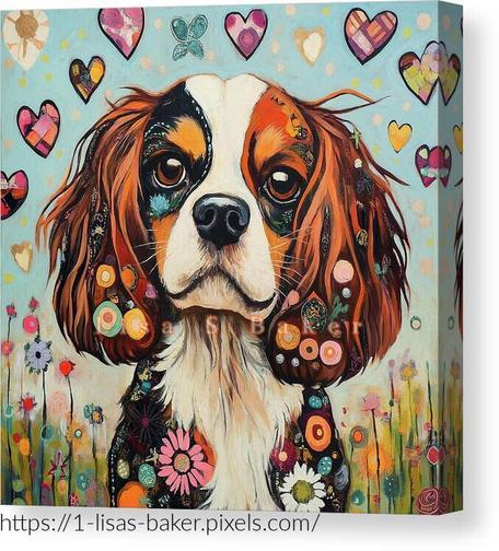 Puppy Hearts by Lisa S Baker is a whimsical portrait inspired by the gentle, soulful expression of a Cavalier King Charles Spaniel. Surrounded by colorful hearts, flowers, and playful details, this artwork celebrates pure affection, sweetness, and the quiet way dogs hold our hearts without ever trying.