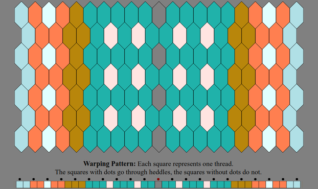 An Inkle weaving diagram and warping pattern in the color sequence listed in the text description: The warping pattern is a line of colored boxes with small dots above every other one, above which it states: "Warping Pattern: Each square represents one thread. The squares with dots go through heddles, the squares without dots do not." The weaving diagram is a series of tessellated lozenge shaped tiles illustrating how the pattern will appear when woven.