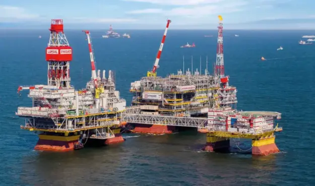 Russia's Vladimir Filanovsky field in the Caspian Sea, shared by Ukraine's Security Service (SBU) on Dec. 11, 2025.