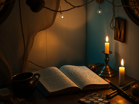 Cozy writing nook with open journal, lit candles, and art supplies on a wooden desk, under warm ambient lighting.