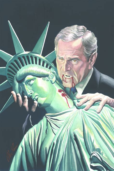 Ilustração de Alex Ross, que aparece de fundo num bar da série. Nela, temos o presidente George Bush (homem branco, velho, de terno e gravata, com sangue escorrendo nos cantos da boca) segurando a imagem da Estátua da Liberdade, que tem duas perfurações (feitas por presas de um vampiro) no pescoço, com sangue escorrendo por ele.