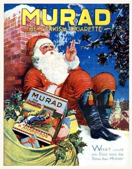 Vintage 1920 advertisement showing Santa Claus reclining against a brick chimney, smoking a cigarette. He wears a red suit and black boots, with a night sky and evergreen branches in the background. A pack of Murad “The Turkish Cigarette” peeks out of his sack of presents with holly and wrapped gifts. Large text at the top reads “MURAD THE TURKISH CIGARETTE,” and smaller text at the bottom reads, “What could you enjoy more this Xmas than Murad?”