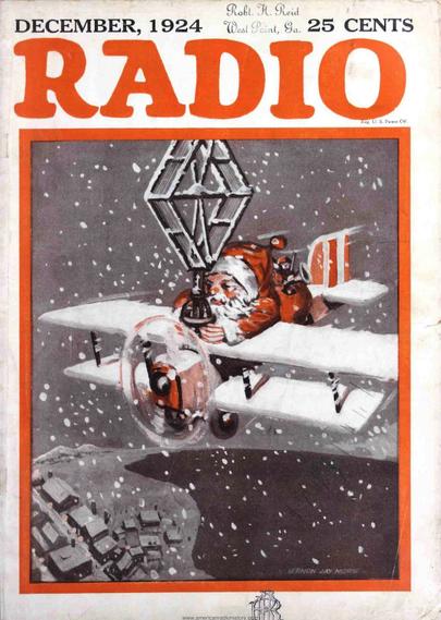 Radio Magazine cover from December 1924 showing Santa Claus flying a biplane with overlarge radio equipment over a snowy town.