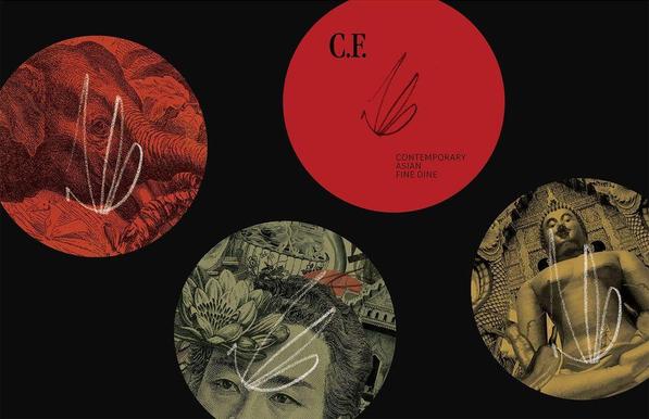 Artistic collage featuring three circular coasters with an elephant, lotus, and a seated Buddha, showcasing Asian fine dining aesthetics.
