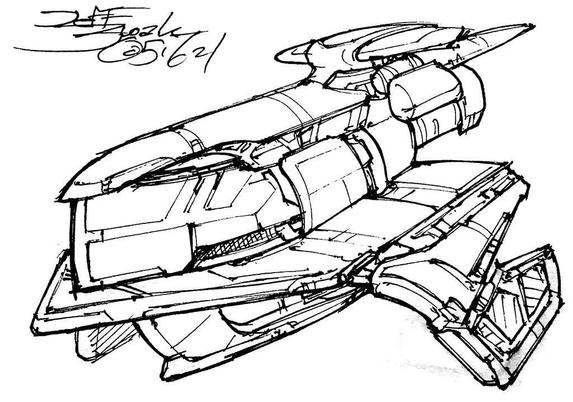 Black and white line art sketch of an imaginative sci fi spaceship. Each one is very different. Pretty cool looking gently curved blade shape with lower hull and elegantly bent double-delta wings.