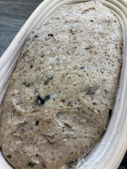 Sourdough in a batard banneton showing seeds and seaweed. Overnight in the fridge @ 6°C, baking tomorrow morning.