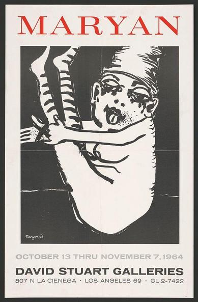 The image is a black and white poster for an art exhibition. The title "MARYAN" is prominently displayed at the top in bold red letters, with smaller text underneath indicating dates: from October 13 to November 7, 1964. Below this information are details of where the gallery is located: David Stuart Galleries, address given as LA Cienega Avenue in Los Angeles.

The central focus of the poster is a stylized illustration depicting an individual with exaggerated facial features and a chef's hat. The person appears to be playfully interacting or biting their own chin while holding a fork close to it. This artwork bears a signature that reads "Maryan '63," suggesting that this piece was created by Maryan in 1963.

The overall design of the poster is stark and minimalistic, with high contrast between black ink on white paper. The use of red for the title adds visual emphasis to draw attention initially before delving into details such as dates and gallery location information.