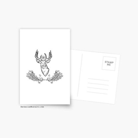 Winter Solstice brush pen drawing of a deer and mistletoe with pagan symbol printed on a postcard