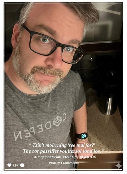 A person wearing glasses and a smartwatch is standing in a kitchen, looking up at the camera, with text overlay at the bottom featuring hashtags.