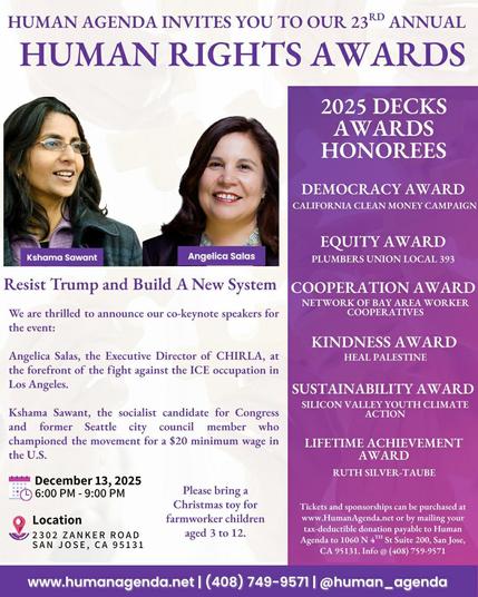 Human Agenda's 23rd Annual Human Rights Awards
Resist Trump and Build a New System on December 13 2026 in San Jose California at 6pm.