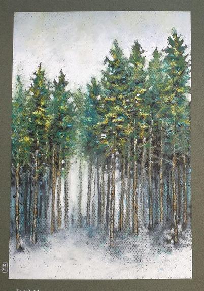 An A4 size painting of a forest in winter with tall trees and pale sky and snow on the ground.
The artwork is on dark green pastel paper.
An original art work, please note that the frame is not included.
Fine art oil pastel on toned pastel paper
Size A4 (210 x 297mm / 8.3 x 11.7")